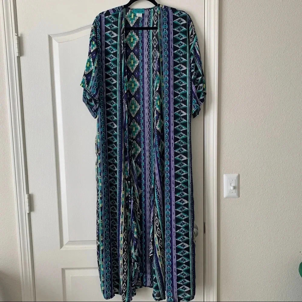 Turquoise Haven blue Aztec print duster S/M
